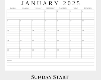 2025 2026 Calendar Lined and Unlined, Sunday Start Landscaped Layout, Jan-Dec Notes, Monthly Letter Size PDF Printable, Instant PDF Download