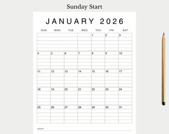 Calendario 2026 con righe e senza righe, layout verticale con inizio domenicale, note da gennaio a dicembre, formato lettera mensile, PDF stampabile, download immediato del PDF