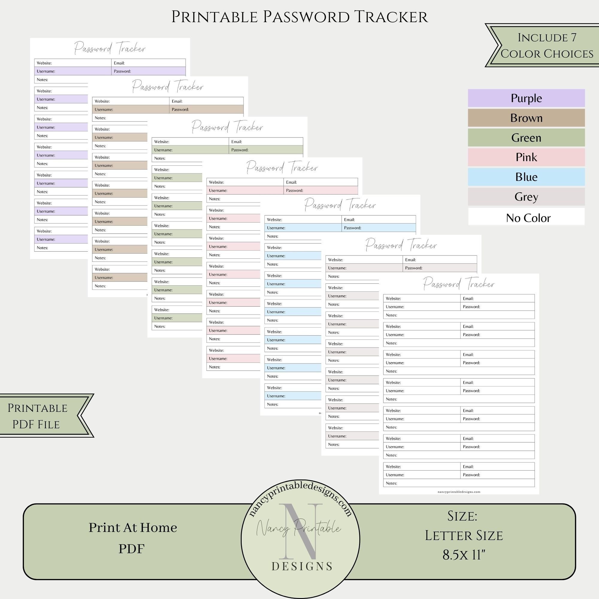Password Tracker, Password Log, Color Printable Letter Size Password ...