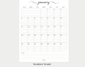 May include: A printable 2026 calendar in portrait orientation, featuring a January layout. The calendar is letter size, 8.5 x 11 inches, with a Sunday start. The design includes the text "2026 Lined & Unlined Calendar" and "January".