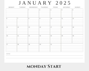 May include: A black and white printable calendar for January 2025, with lined spaces for each day. The calendar is in a landscape format, letter size 8.5 x 11 inches, and starts on Monday. Text includes "2025 & 2026 Lined & Unlined Calendar" and "Instant Download Printable PDF."