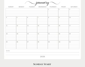 May include: A printable 2026 January calendar with lined and unlined options. The calendar is in a landscape format, with a Sunday start. The text "2026 & 2027 LINED & UNLINED CALENDAR" is at the top.