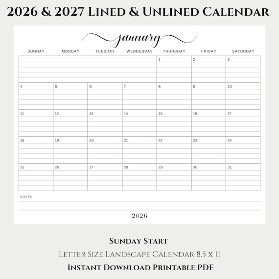 2026 & 2027 Calendar Lined and Unlined Sunday Start Landscape Layout, Jan-Dec Notes, Monthly Letter Size PDF Printable, Instant PDF Download