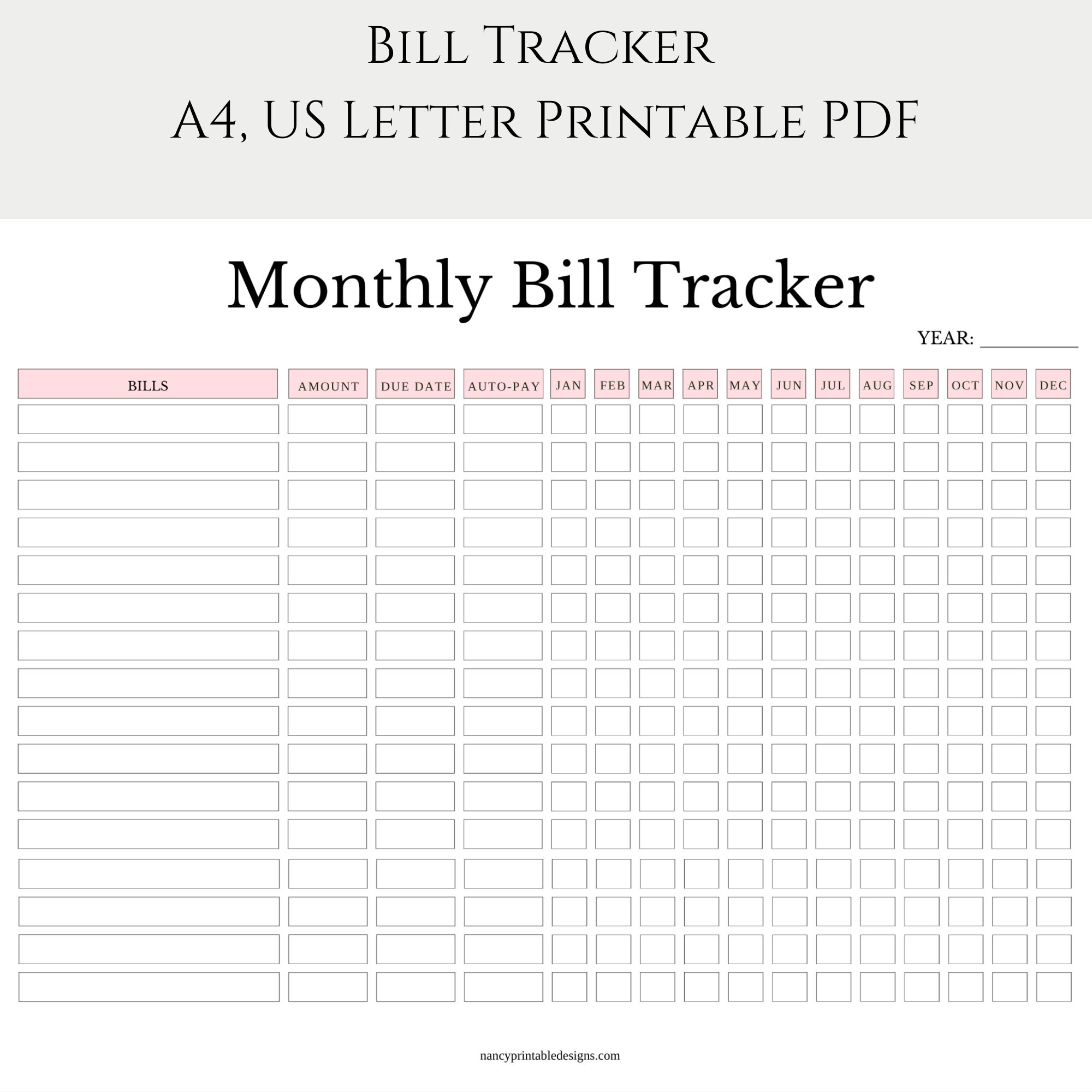 Monthly Bill Tracker, Printable Bill Pay Tracker, Yearly Bill Pay ...