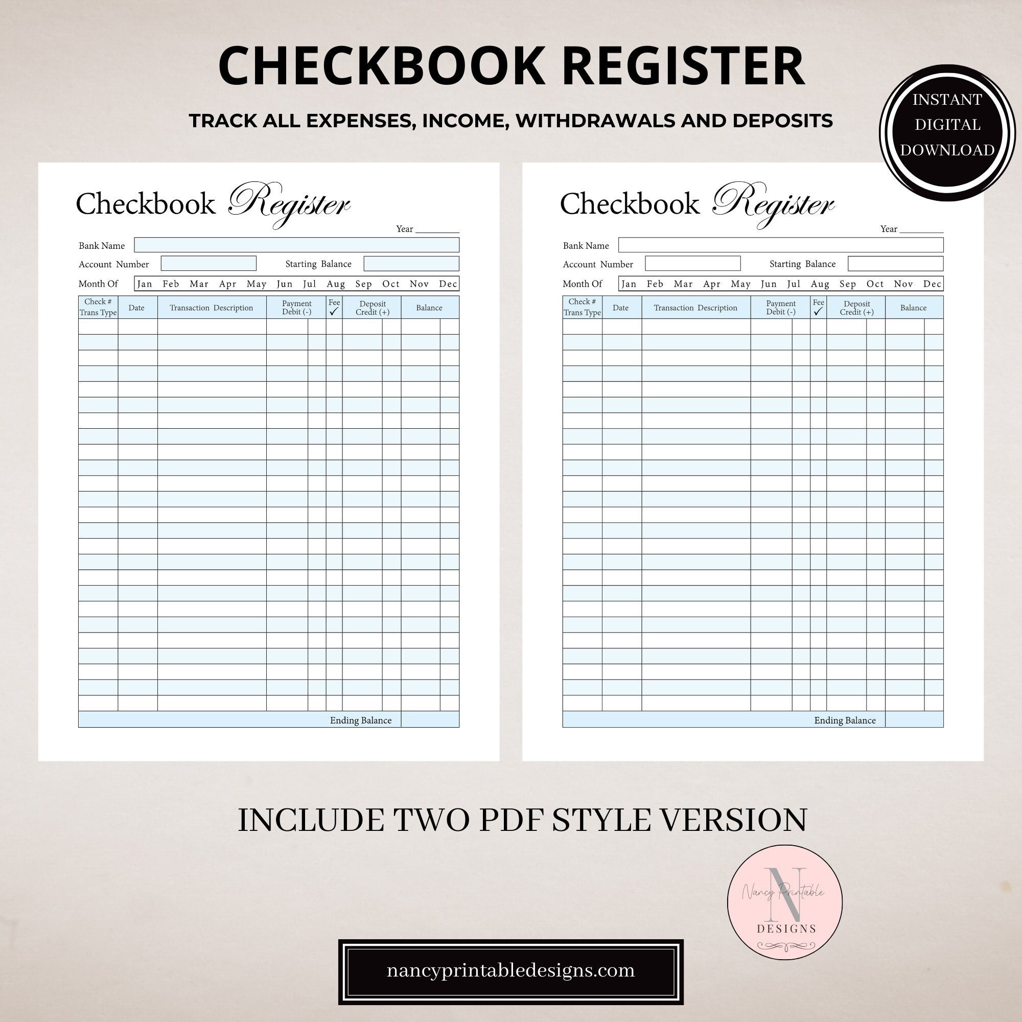 Financial Printable Register Printable Checkbook Register Template, Finance Log, Expense Tracker ...