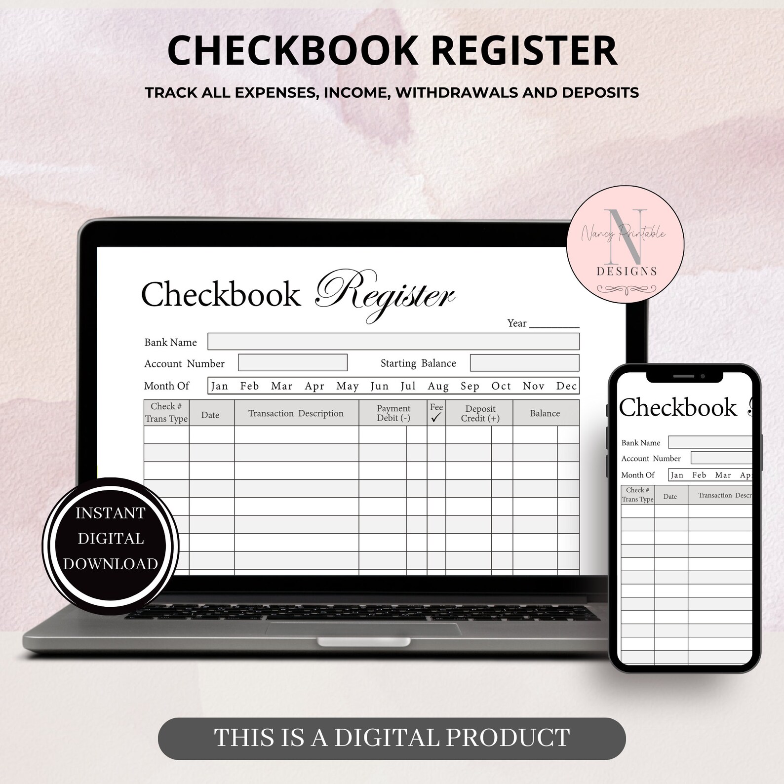 Register Tracker Tracker Printable Checkbook Register Template, Finance Log, Expense Tracker ...