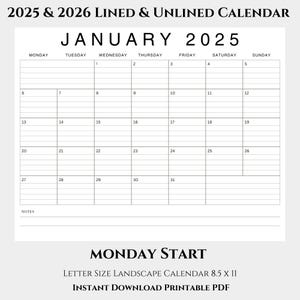 2025 2026 Calendar Lined and Unlined, Monday Start Landscaped Layout, Jan-Dec Notes, Monthly Letter Size PDF Printable, Instant PDF Download