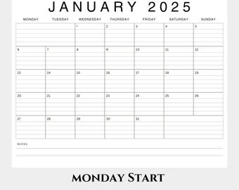 May include: A black and white printable calendar for January 2025, with a Monday start. The calendar is letter size, 8.5 x 11 inches, and includes lined and unlined options. The text "2025 & 2026 Lined & Unlined Calendar" is at the top.