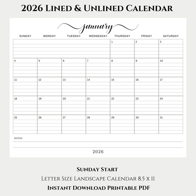2026 Calendar Lined and Unlined Sunday Start Landscape Layout, Jan-dec ...