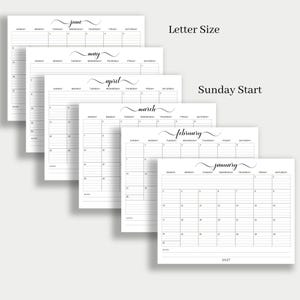 May include: A stack of white letter-size 2027 calendars, each displaying a different month from January to June. The calendars have a Sunday start and feature elegant cursive month names.