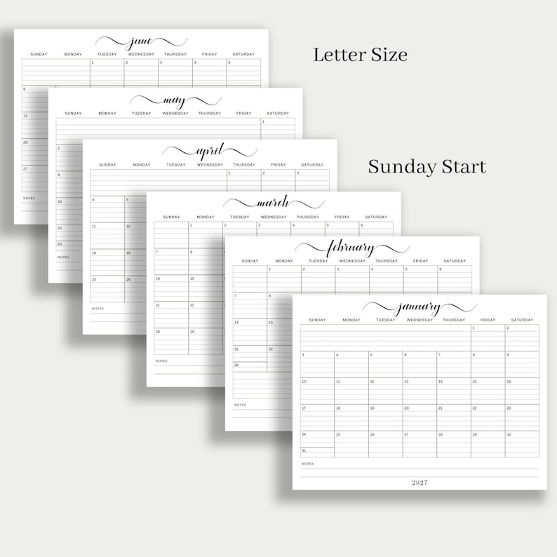 May include: A stack of white letter-size 2027 calendars, each displaying a different month from January to June. The calendars have a Sunday start and feature elegant cursive month names.