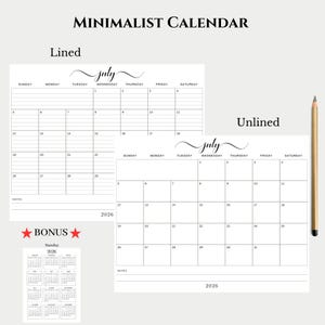 May include: A minimalist calendar design with lined and unlined July 2026 monthly layouts. Includes a bonus yearly calendar. The text "MINIMALIST CALENDAR" is at the top. A pencil is on the right.