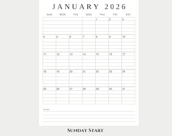 May include: A printable 2026 calendar in a letter size portrait format. The calendar features a simple layout with lined boxes for each day of January. The text "2026 Lined & Unlined Calendar" is at the top.