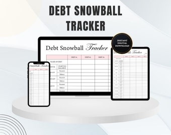 May include: A digital download of a debt snowball tracker printable. The printable is shown on a laptop, tablet, and phone screen. The printable has a pink header with the text "Debt Snowball Tracker" and a table with columns for "Name of Debt", "Starting Balance", "Month", "Payment", and "Balance".
