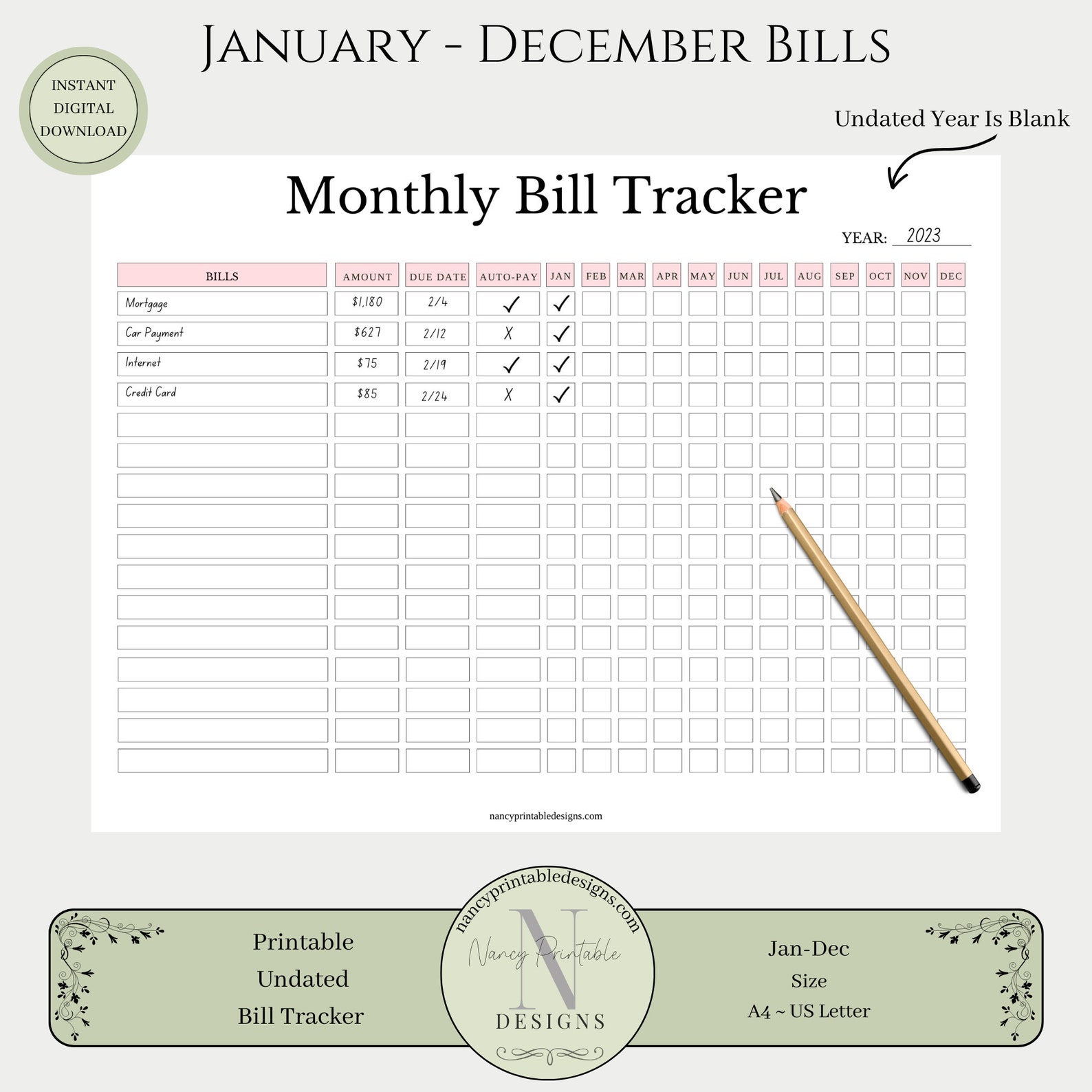 Monthly Bill Tracker, Printable Bill Pay Tracker, Yearly Bill Pay