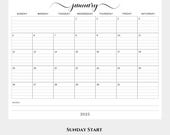 2025 2026 Calendar Lined and Unlined Sunday Start Landscape Layout, Jan-Dec Notes, Monthly Letter Size PDF Printable, Instant PDF Download
