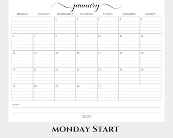 Calendario 2025-2026 a righe e senza righe, inizio lunedì, layout orizzontale, note gennaio-dicembre, formato lettera mensile PDF stampabile, download immediato di PDF