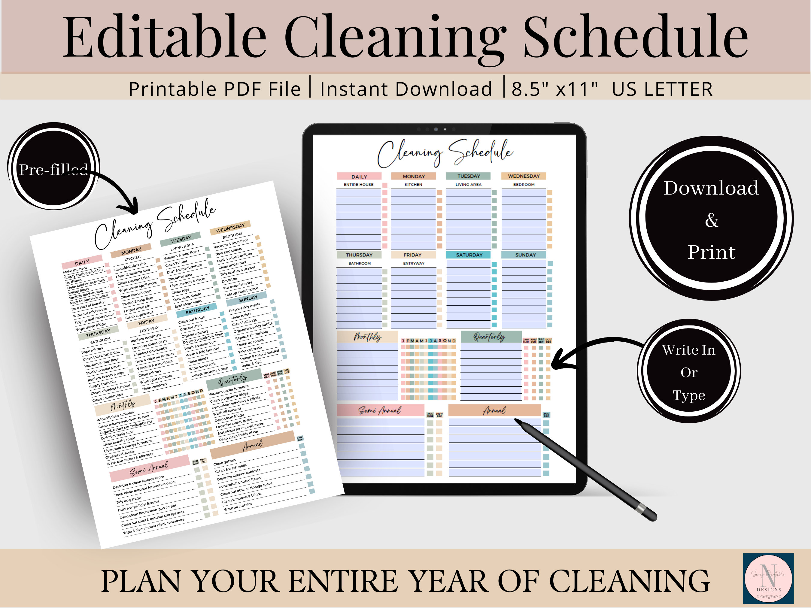 Editable Cleaning Checklist, Printable Cleaning List, Cleaning Schedule