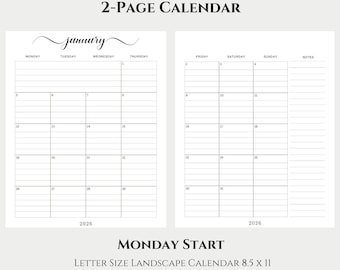May include: A two-page 2026 lined and unlined calendar with a Monday start. The calendar is in a landscape format, letter size 8.5 x 11 inches, with the month of January displayed. The text "2026 LINED & UNLINED 2-PAGE CALENDAR" is at the top.