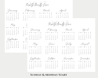 May include: A printable 2025 yearly calendar in black and white with a Sunday and Monday start. The calendar is formatted in a landscape layout and is 11 inches by 8.5 inches.