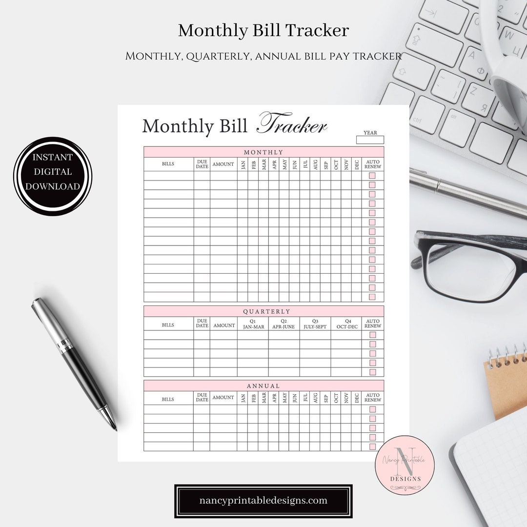 Monthly Bill Tracker, Printable Template, Finance Budget Payment ...