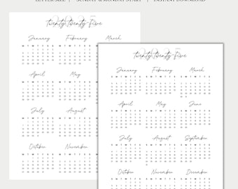 May include: Two letter-size 2025 year-at-a-glance calendars. The calendars are black and white with a Sunday and Monday start. The text includes the year, month names, and days of the week.