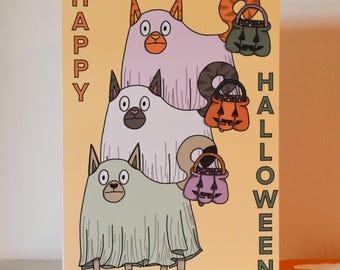 Ghost Cat Halloween Card | Cute Halloween Greeting Card with Cats in Ghost Costumes | Trick or Treat Cat Card | Blank Inside