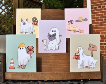 Funny Halloween Greeting Card Set of 5 | Ghost Duck, Witch Duck, Ghost Cat, Construction Ghost & Toilet Ghost | Happy Halloween Card Pack