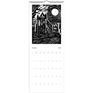 May include: A black and white October 2026 calendar. The top image is a woodcut-style illustration of a gothic cathedral under a full moon. A tree is in the upper left corner. The calendar has a spiral binding at the top.