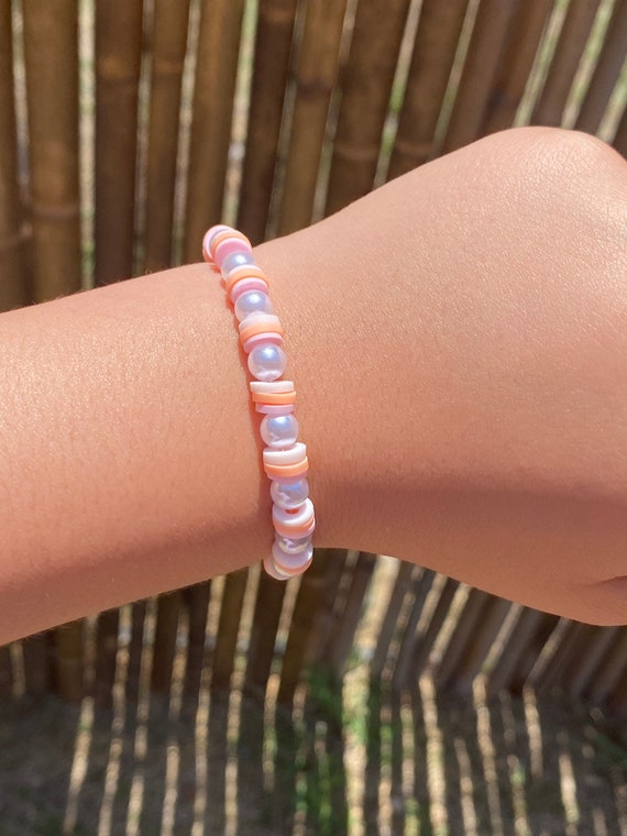 Preppy Pink, Pearl, and Gold Clay Bead Bracelet
