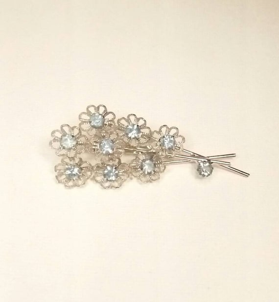 Blue Rhinestone Flower Bouquet Brooch, Vintage Floral… Gem