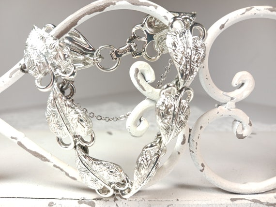 Coro signed Silvertone Leaf Bracelet, Embossed He… - image 6