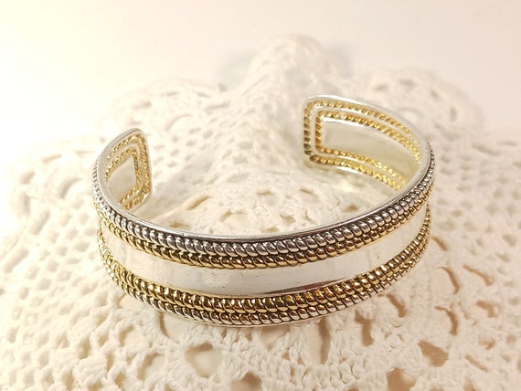 Best signed Silver and Gold Tone Cuff Bracelet, V… - image 1