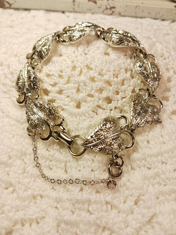 Coro signed Silvertone Leaf Bracelet, Embossed He… - image 7