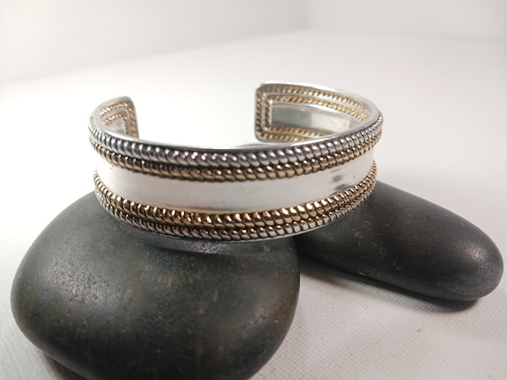 Best signed Silver and Gold Tone Cuff Bracelet, V… - image 3