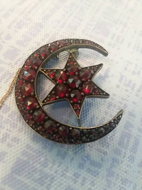 Antique Czechoslovakian Garnet Brooch, Crescent Mo