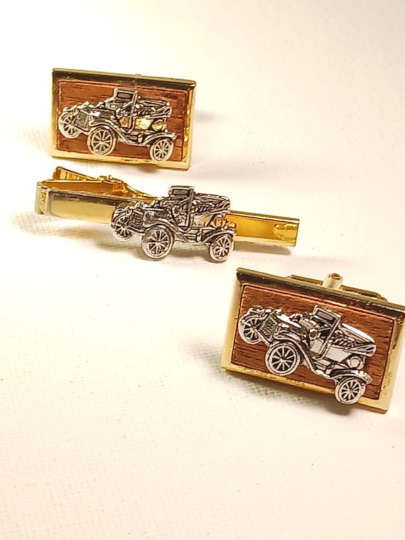 Anson signed Antique Car Cufflinks and Tie Clip, … - image 1