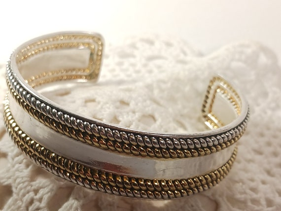 Best signed Silver and Gold Tone Cuff Bracelet, V… - image 6