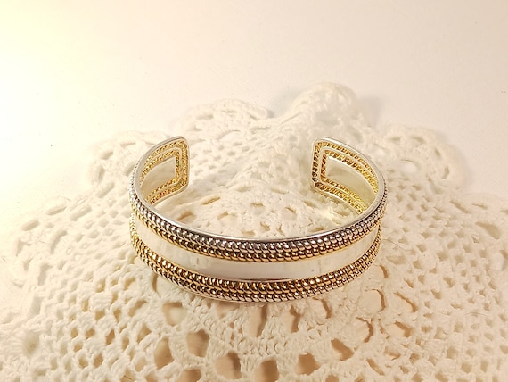 Best signed Silver and Gold Tone Cuff Bracelet, V… - image 8