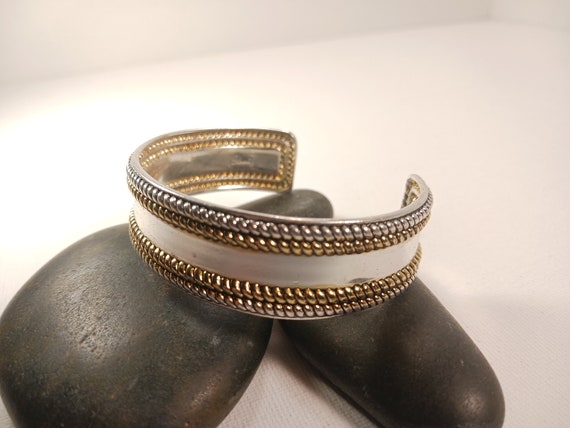 Best signed Silver and Gold Tone Cuff Bracelet, V… - image 5