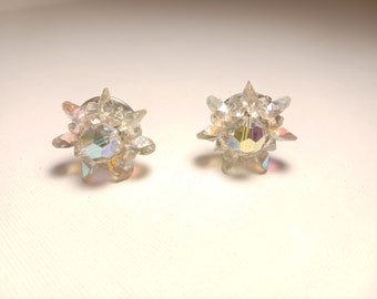 Vintage Aurora Borealis Star Beaded Silver Tone Clip-on Earrings, Vintage Jewelry, SFV175