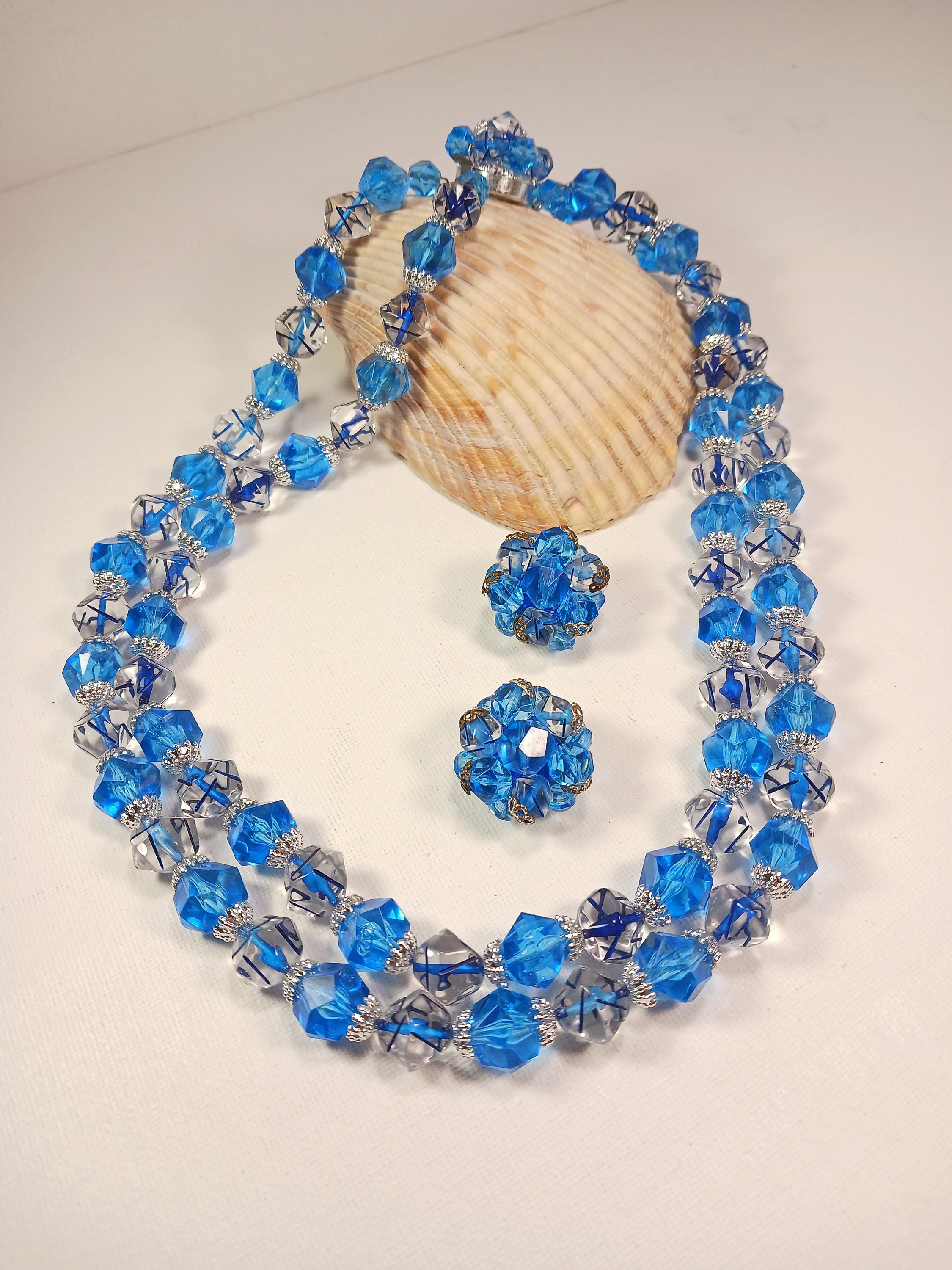WEST GERMANY Blue Slag Glass Faux Pearl & Rhinestone