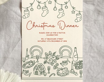 Christmas Dinner Party Invitation Template, Roast Dinner Party Invite, Festive Hand Drawn Dinner Printable Customisable Customizable Cute