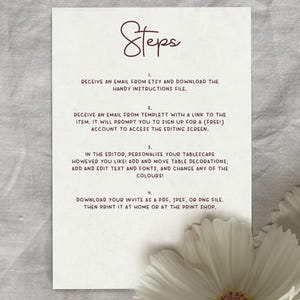 The steps to creating your customisable invitation menu. Personalise your A5 tablescape invitation with food items, edit fonts and text, and change the colours to create the perfect invite to impress your dinner party or birthday party guests.