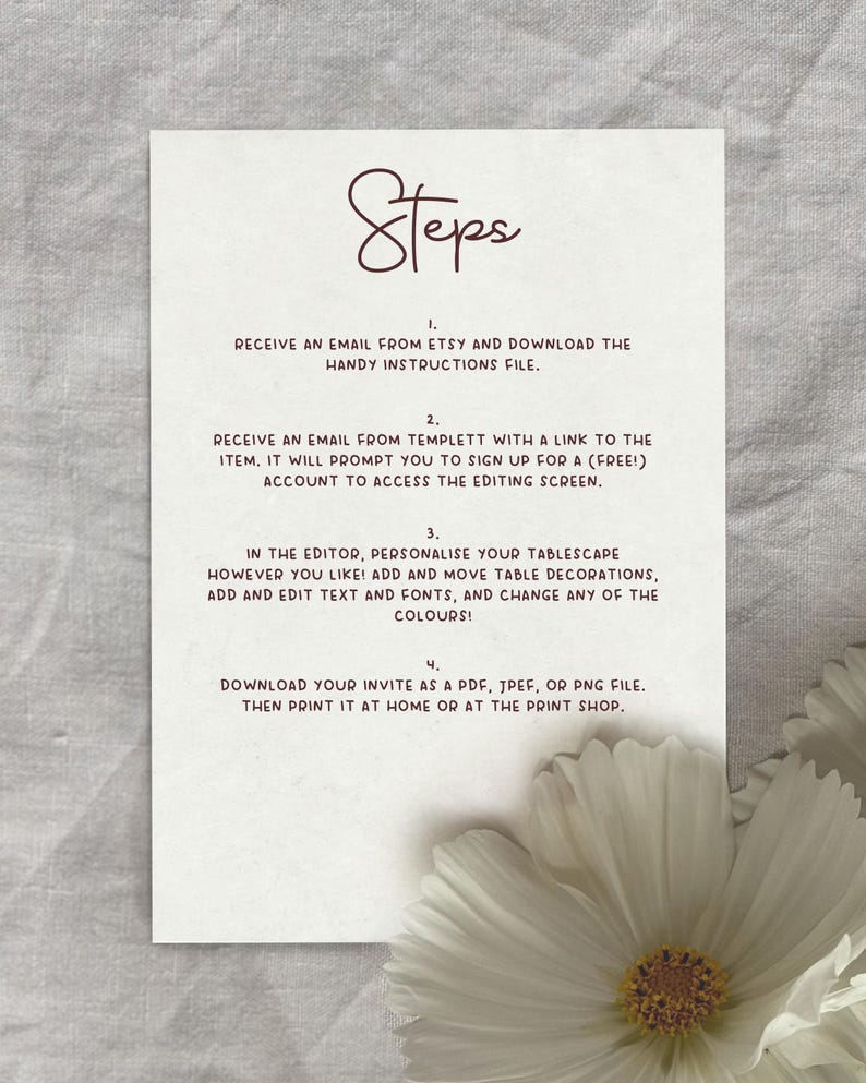 The steps to creating your customisable invitation menu. Personalise your A5 tablescape invitation with food items, edit fonts and text, and change the colours to create the perfect invite to impress your dinner party or birthday party guests.