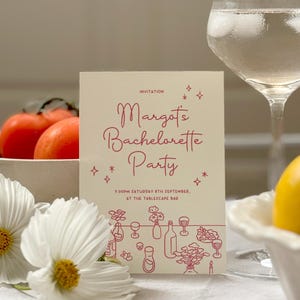 Elegant contemporary invitation design, hand drawn by a food-loving illustrator! Personalise your dinner party, birthday party, supper club, bachelorette party, or wine tasting night with these customisable editable print at home templates.