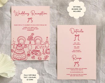 Whimsical & Cute Hand Drawn Wedding Invitation Reception Dinner Invite Template, Printable Customisable Customizable Digital Hand Drawn