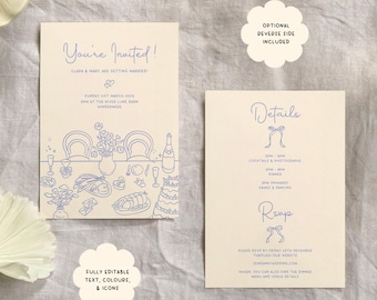 Whimsical Hand Drawn Wedding Invite Reception Dinner Invitation Template, Printable Customisable Customizable Digital Hand Drawn