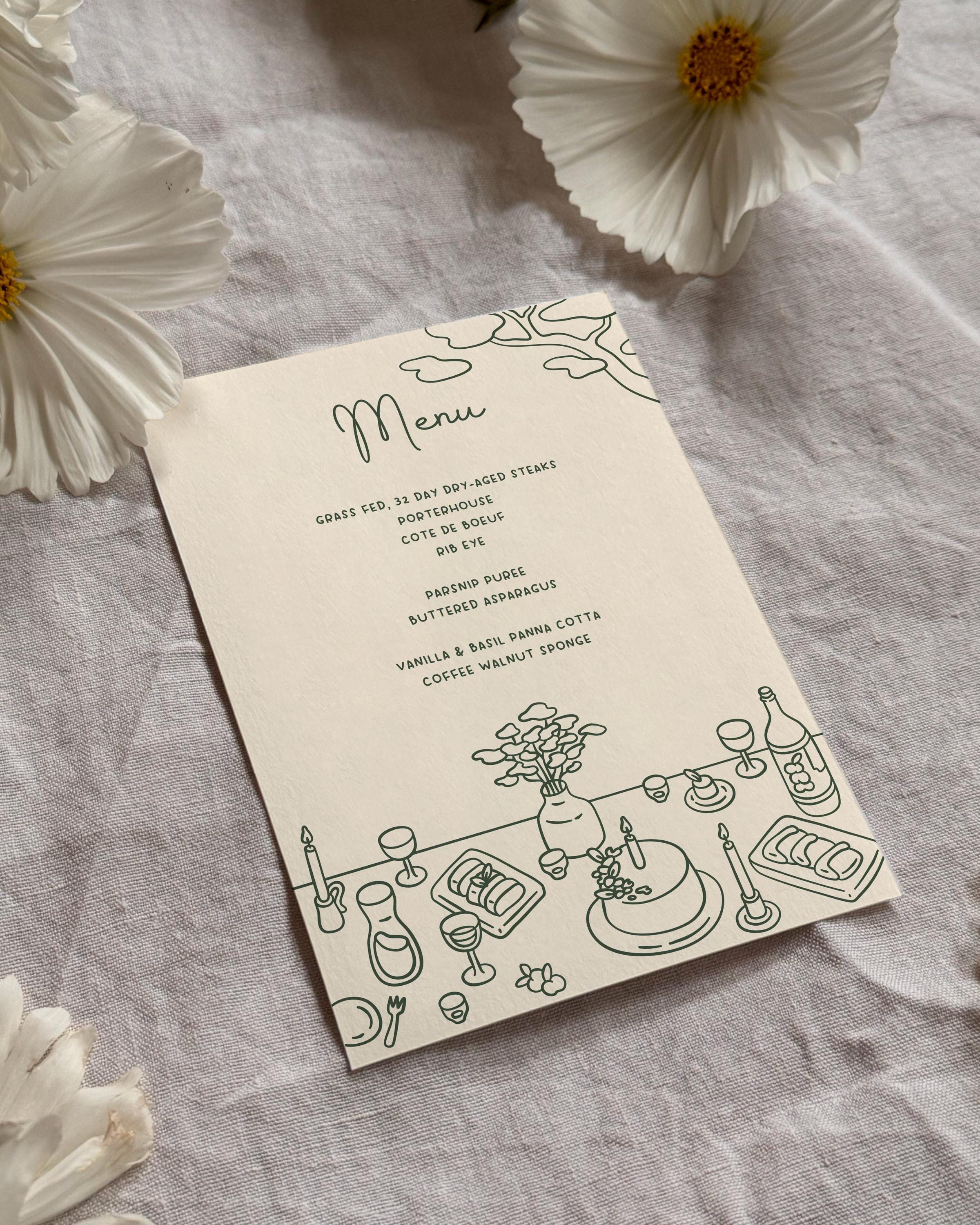 Menu Order Invite Minimal Hand Drawn Dinner Party Menu Invitation, Reception Dinner ...