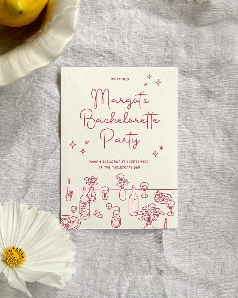 Create fun, minimal, cute, and personal invitations and menus with style.Files are editable, customizable, and printable. Create a beautiful invite that your dinner guests will love! Perfect customizable invites for bachelorette party and hen dos!